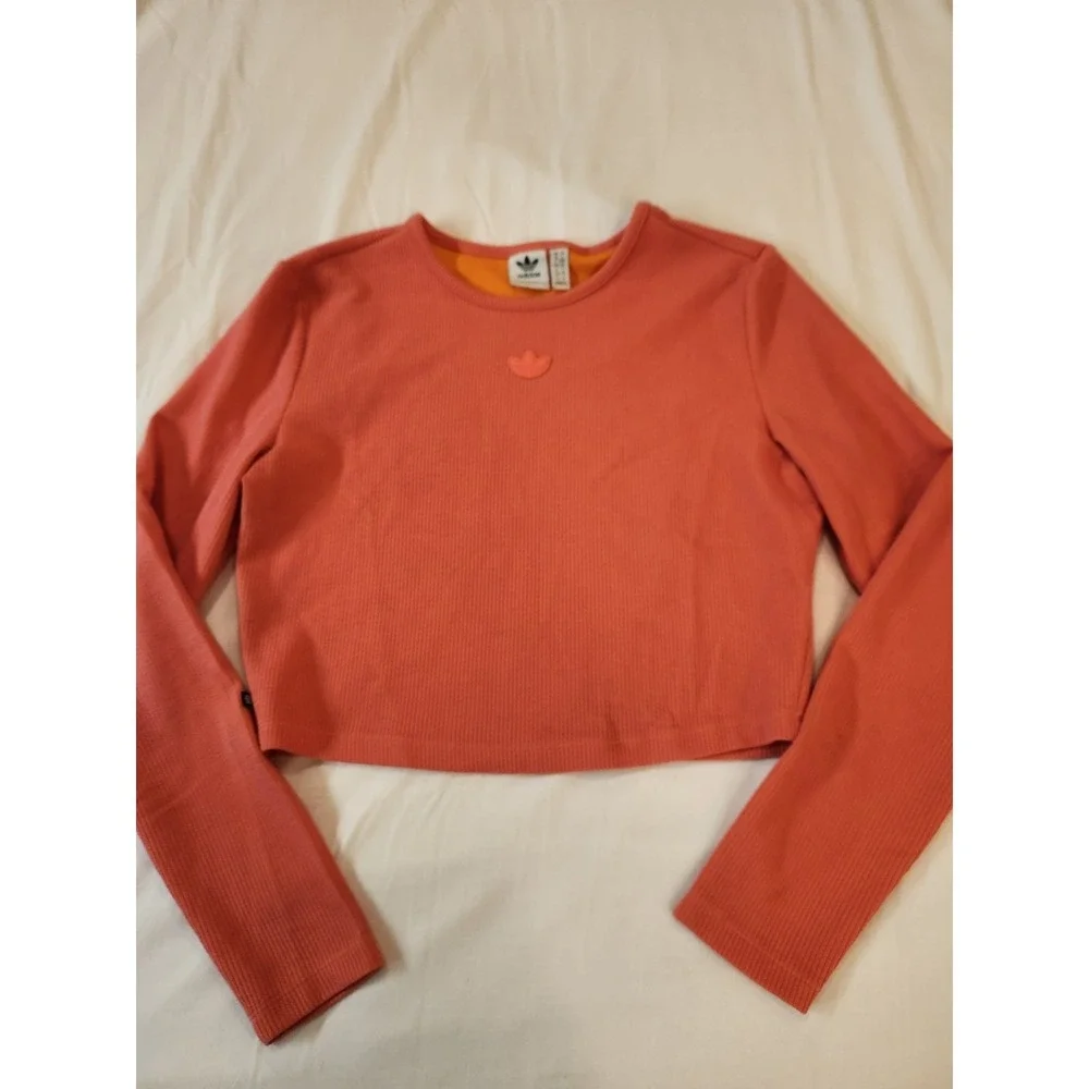 Vintage Adidas Women's Hot Pink Cropped Active Top Size L Long Sleeve Sport Gym‎